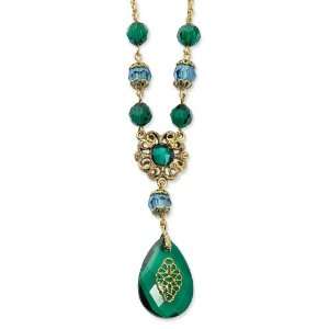  Brass tone Green Teardrop 16in w/ext Y Necklace: Jewelry