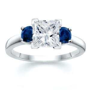 01 ct Princess Diamond W Round Blue Sapphire Ring 18K