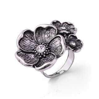 Fashion 3 Flowers Retro Silver Vintage Adjustable Ring  