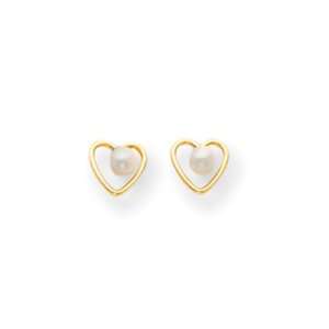  14k Gold 3mm Pearl Birthstone Heart Earrings: Jewelry