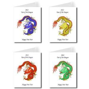   Year of the Dragon Greeting Card Set of 4   Blue, Green, Red & Yellow