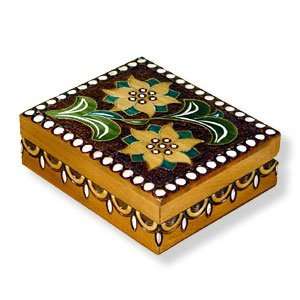 Wooden Box, 5088, Traditional Polish Handcraft, Brown with Two Flowers 