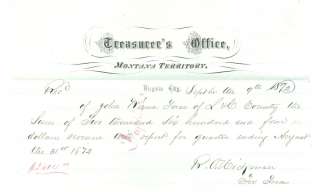 MONTANA TERRITORY   Virginia City, Treasurer Receipt from L & C County 