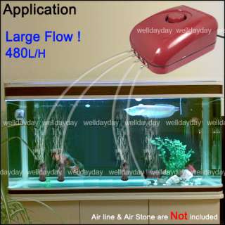 120V 4 Outlet Large Air Pump 480L/H Flow Adjustable For 4 8ft Aquarium 