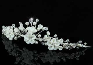 Bridal Handmade Ivory Pearl Clay Ceramic Flower Crystal Tiara T1428 