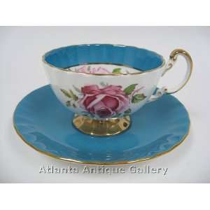  Fluted Aynsley Turquoise Floral Cup & Saucer with Rose 