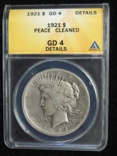 1921 Silver Peace Dollar ANACS GD 4 Cleaned Details  