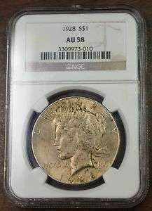 1928 Peace Silver Dollar Coin, NGC AU 58  