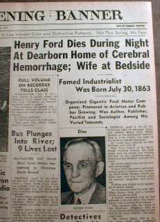 1947 newspaper DEATH of HENRY FORD Automobile manufactu  