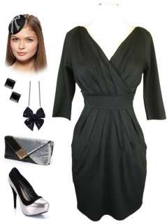 50s Style Black Ponti Knit WRAP Bust PINUP WIGGLE Dress w/PLEATS & 3/4 