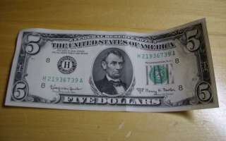 1963 $5 Federal Reserve Note 1963 A Five Dollar Bill Num. H 21936739 
