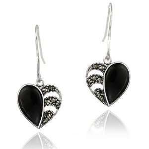  Sterling Silver Marcasite & Onyx Heart Earrings: Jewelry