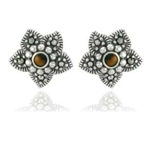   Sterling Silver Marcasite and Tiger Eye Flower Post Earrings: Jewelry