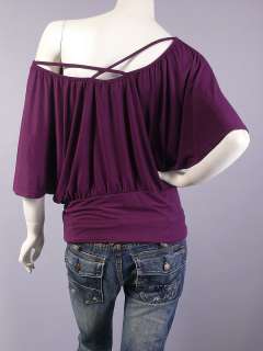 Purple Off the Shoulder Ruched Bat Sleeve Top L  