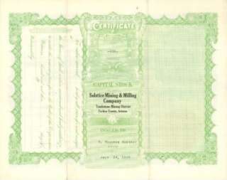 Solstice Mining Co Tombstone AZ Stock Certificate  
