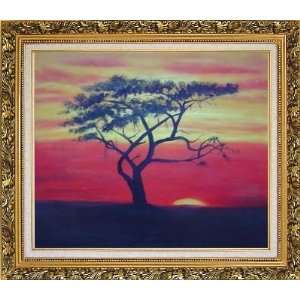 African Acacia Tree at Sunset Oil Painting, with Ornate Antique Dark 