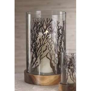  Set of 2 Large Candle Hurricanes Forest Motif with Wood 