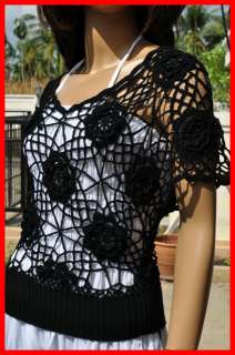 Vtg Thai handmade Boho winter Knitwear crochet vest coat shirt women 