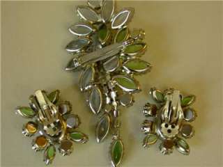Vtg Estate Brooch Pin Earrings Rhinestone Demi Set Silver Tone Geen 