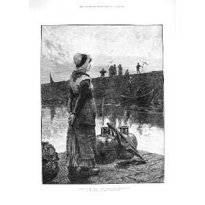  1881 YOUNG WOMAN WAITING FERRY BOAT FARMERS FINE ART: Home 