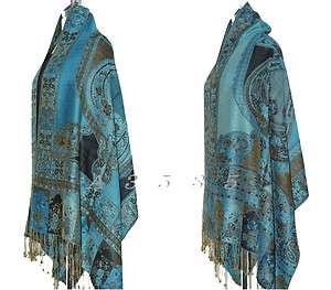 Gorgeous Jacquard 55% Pashmina & 45% Silk Shawl Blue #2  