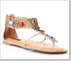 Womens DOLLHOUSE Jeweled Gladiator Flat Sandals Gold  
