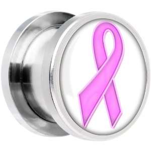  2 Gauge Steel White Pink Awareness Ribbon Screw Fit Plug Jewelry