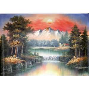  Sunset over Majestic Mountain   River Scene Landscape Oil 