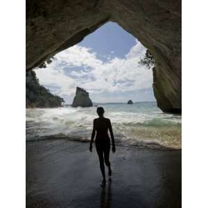  Woman Walking Out of Water at Cathedral Cove Beach 