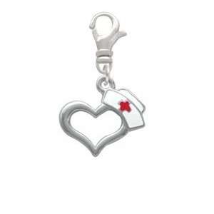  Open Heart with Nurse Hat   Silver Plated Clip on Charm 