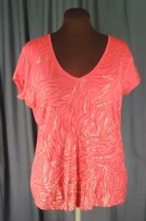 TAHARI Red Coral w/ Gold Foil V Neck Cap Sleeves Cotton T Shirt Top XL 