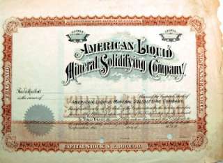 American Liquid Mineral Solidifying Company Stock Certificate 