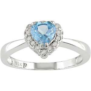    10K White Gold .07 ctw Diamond and Blue Topaz Heart Ring: Jewelry