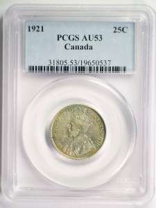 1921 Canada Twenty Five Cent Coin PCGS AU 53 RARE DATE   
