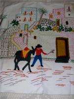 Vtg HAND EMBROIDERED WALL HANGING MEXICAN SCENE BURRO VILLAGE FOLK ART 