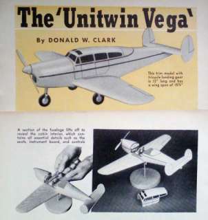 1940 UNITWIN VEGA Custom/Starliner MODEL Airplane PLANS  