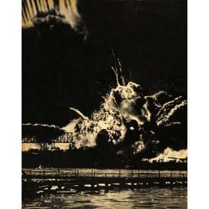  1943 WWII Pearl Harbor Attack Ships Explosion B/W Print 