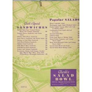  Clarks Salad Bowl Restaurant Menu Seattle Washington 1941 