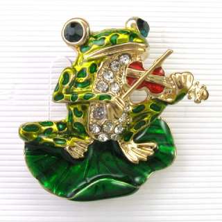 Frog Toad Animal Red Violin Instrumen Green Stone Crystal Brooch Pin 