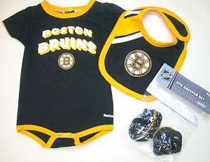 NHL Reebok Boston Bruins Newborn Creeper, Bib, Bootie Gift Set New 