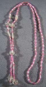 ANTIQUE MAGENTA PINK BOLD GLASS BEAD FLAPPER NECKLACE  