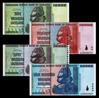 100/50/20/10 TRILLIONS SET ZIMBABWE DOLLARS BANK NOTES  