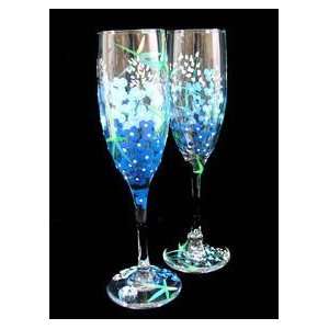 Angel Wings Design   Hand Painted   Matching Set of Toasting Flutes 