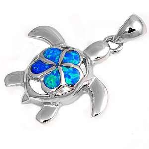  Sterling Silver Lab Opal Turtle Pendant: Jewelry