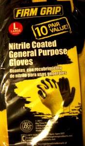 10 Pair lot FIRM GRIP Gloves Nitrile Coated All Purpose Gloves Large 