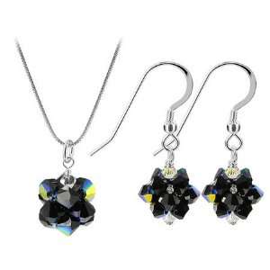 Sterling Silver Black AB Crystal 20 inch Earrings Pendant Necklace Set 