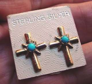NOS .925 Sterling Silver & Turquoise Southwest Native Cross Earrings 
