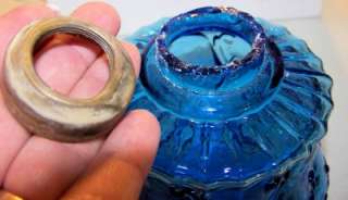 ANTIQUE BLUE GLASS FINGER OIL LAMP BASE  