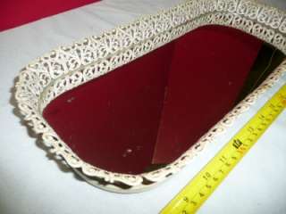 Antique Vanity Tray Glass Mirror White Metal Tray OLD  