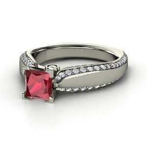  Aurora Ring, Princess Ruby Palladium Ring with Diamond 